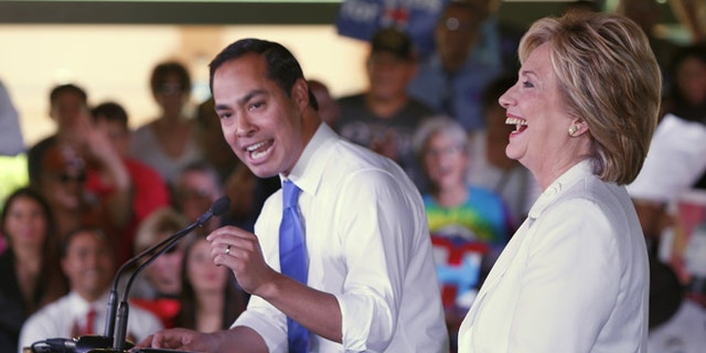 SAN ANTONIO, TX - OCTOBER 15:  Secretary of Housing and Urban Development Secretary Julian Castro introduces Democratic U.S. presidential hopeful Hillary Clinton at a "Latinos for Hillary" grassroots event October 15, 2015 in San Antonio, Texas. The event was part of the campaign's ongoing effort to build an organization outside of the four early states and work hard for every vote.  (Photo by Erich Schlegel/Getty Images)