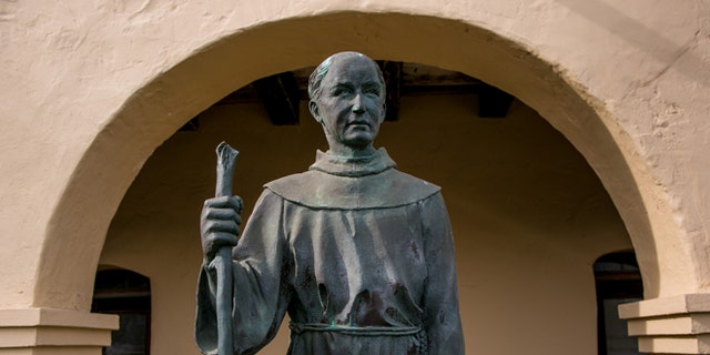 A bronze sculpture of Father Junipero Serra in Solvang, California.