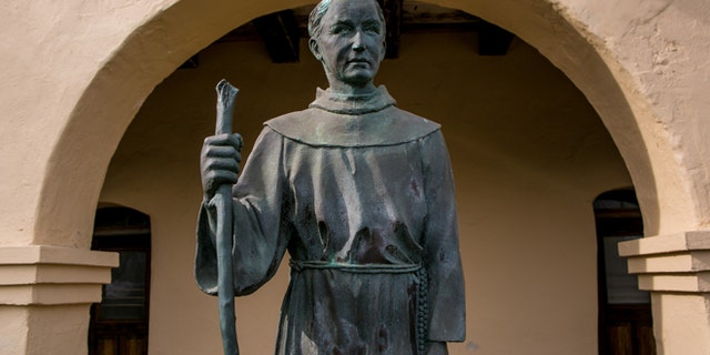 A bronze sculpture of Father Junipero Serra in Solvang, California.