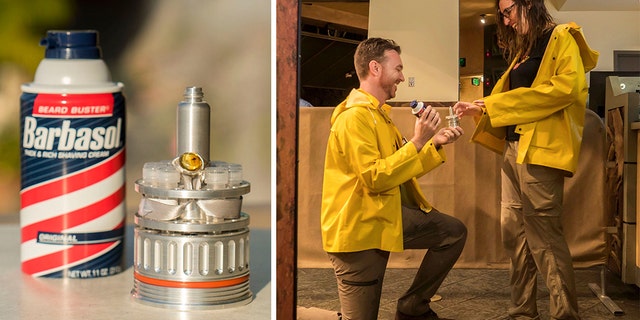The groom-to-be obtained a Barbasol can prop replica to hide the engagement ring, which boasted something more precious than a diamond: a customized piece of mosquito amber reminiscent of the film’s fossils holding that precious dino DNA.