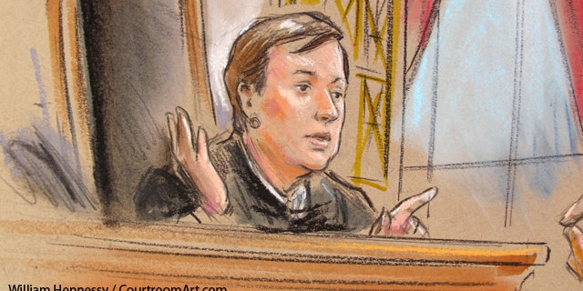 Shown here is a sketch of Supreme Court Justice Elena Kagan speaking March 28.