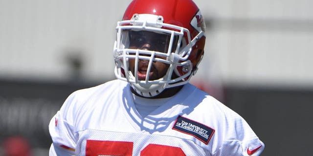 May 27, 2015; Kansas City, MO, USA; Kansas City Chiefs inside linebacker James-Michael Johnson (52) during organized team activities at the University of Kansas Hospital Training Complex. Mandatory Credit: John Rieger-USA TODAY Sports