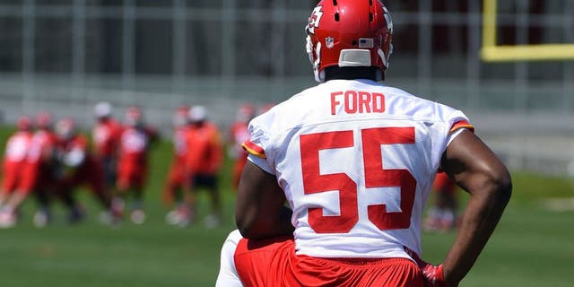 May 27, 2015; Kansas City, MO, USA; Kansas City Chiefs linebacker Dee Ford (55) watches during organized team activities at the University of Kansas Hospital Training Complex. Mandatory Credit: John Rieger-USA TODAY Sports