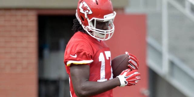 Jun 18, 2015; Kansas City, MO, USA; Kansas City Chiefs wide receiver Chris Conley (17) catches a pass during the mini camp at University of Kansas Hospital Training Complex. Mandatory Credit: Denny Medley-USA TODAY Sports
