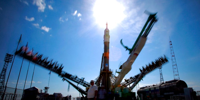 June 5, 2011: Service towers lift to the Russian Soyuz TMA-02M space ship that will carry new crew to the International Space Station, ISS,  at the launch pad at the Russian leased Baikonur cosmodrome, Kazakhstan. The start of the new Soyuz mission to the International Space Station is scheduled on Wednesday, June 8.
