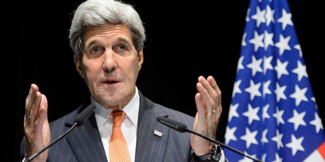 FILE: March 21, 2015: Secretary of State John Kerry at a news conference after bilateral meetings with Iranian Foreign Minister Mohammad Javad Zarif about Iran's nuclear program, in Lausanne, Switzerland.