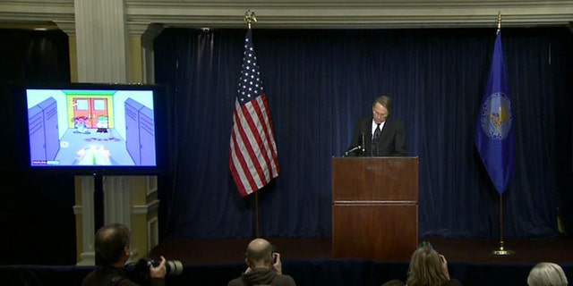 Dec. 22, 2012: Citing violent video games such as "Kindergarten Killers," seen on a screen over his shoulder, NRA chief Wayne LaPierre addresses the nation following a massacre in Connecticut.