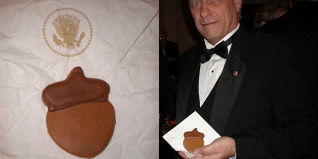 Rep. Steve King brandishes an acorn cookie served at the White House annual Christmas party, Monday, Dec. 7, 2009, (Rep. Steve King)