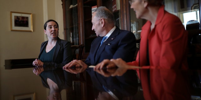 Leandra English is shown meeting with Sen. Chuck Schumer and Sen. Elizabeth Warren.