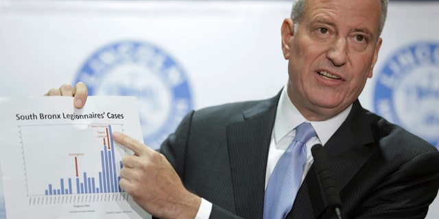 Aug. 4, 2015: New York City Mayor Bill de Blasio holds up a chart documenting the cases of Legionnaires' disease while speaking to reporters at Lincoln Hospital in the Bronx borough of New York.