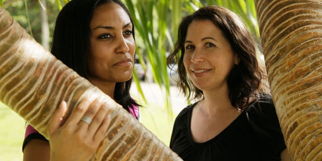 In this Dec. 19, 2011 file photo, Taeko Bufford, left, and Diane Cervelli, right, pose near Waikiki beach in Honolulu.