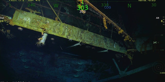 The nameplate of the USS Lexington, which was struck by multiple Japanese torpedoes and bombs on May 8, 1942, during the Battle of the Coral Sea.