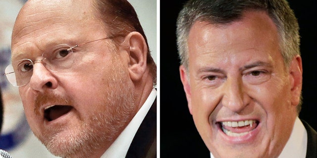 This combination of Associated Press file photos shows, left, an Aug. 6, 2013, file photo, of New York Republican mayoral hopeful Joe Lhota, and right a Sept. 10, 2013, file photo of New York City Democratic mayoral hopeful Bill de Blasio. (AP Photo/File)