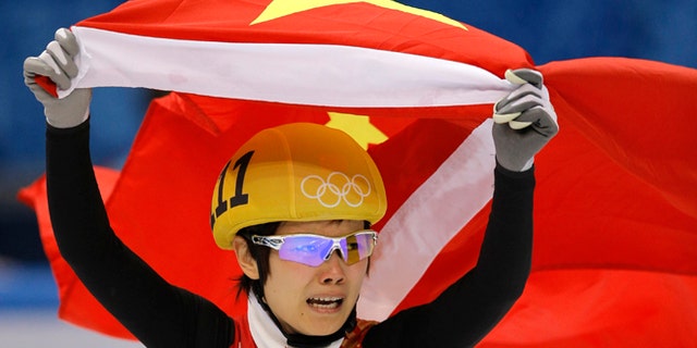 Feb. 13, 2014: Li Jianrou of China celebrates winning the women's 500m short track speedskating final at the Iceberg Skating Palace during the 2014 Winter Olympics in Sochi, Russia.