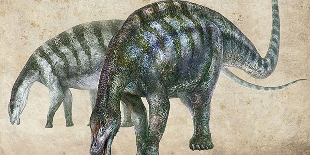 An artist's rendering of Lingwulong shenqi, a newly discovered dinosaur unearthed in northwestern China, appears in this image provided July 24, 2018.
