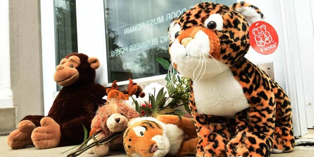 Stuffed animals adorn the doorstep of Dr. Walter Palmer's River Bluff Dental office in Bloomington, Minn.
