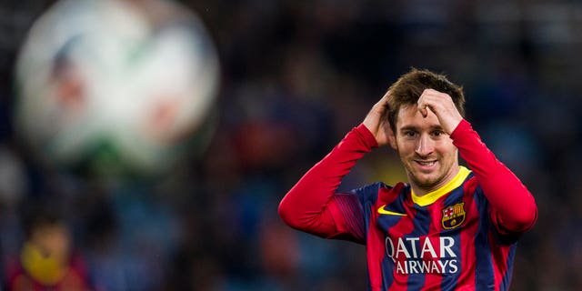 SAN SEBASTIAN, SPAIN - FEBRUARY 12: Lionel Messi of FC Barcelona reacts during the Copa del Rey Semi-Final first leg match betweenReal Sociedad and Barcelona at Estadio Anoeta on February 12, 2014 in San Sebastian, Spain. (Photo by Juan Manuel Serrano Arce/Getty Images)