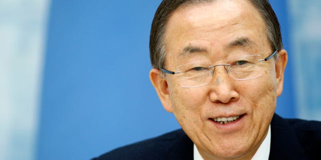 U.N. Secretary-General Ban Ki-moon answers questions during a news conference following his meeting with Lithuanian President Dalia Grybauskaite at the Presidential Palace in Vilnius, Lithuania, Monday, Nov. 18, 2013. (AP Photo/Mindaugas Kulbis)