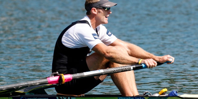 Sept. 2, 2011: In this file photo Mahe Drysdale of New Zealand reaches the finish area of the Men's Single Sculls semifinal event at the Rowing World Championships in Bled, Slovenia.