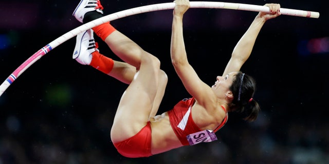 Aug. 6, 2012: United States' Jennifer Suhr competes to win gold in the women's pole vault final at the 2012 Summer Olympics in London.