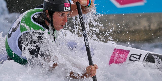July 29, 2012: New Zealand's Mike Dawson competes in the men's K-1 kayak slalom heats at the Lee Valley White Water Center at the 2012 Summer Olympics.