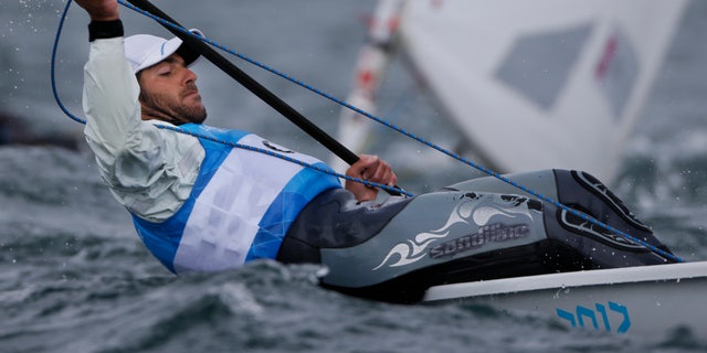 Cyprus' Pavlos Kontides competes during the laser class race at the London 2012 Summer Olympics, Saturday, Aug. 4, 2012, in Weymouth and Portland, England. (AP Photo/Bernat Armangue)