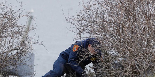 April 7, 2011: A member of the Suffolk County police search team looks through a brush area for the remains of more possible victims near the beach area of Oak Beach, New York.