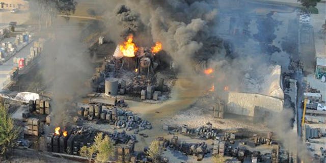 June 14: An aerial view of the fire raging at Multi-Chem Corp. near Acadiana Regional Airport in New Iberia, La.