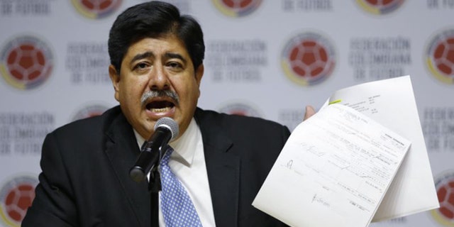 Luis Bedoya, president of Colombia's Football Federation, at the federation's headquarters in Bogota, Colombia, on Monday, Nov. 9, 2015. (AP Photo/Fernando Vergara, File)