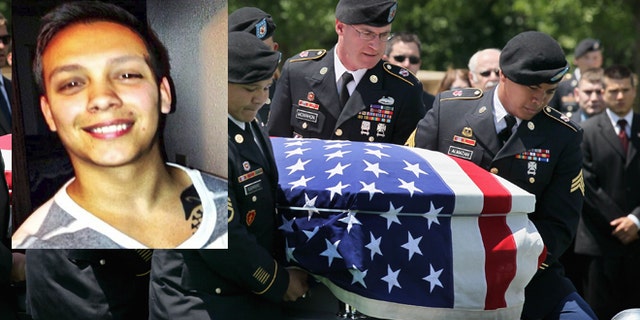 A photo composite of a photo of Sgt. Luis Jimenez over a funeral service for a fallen army soldier.