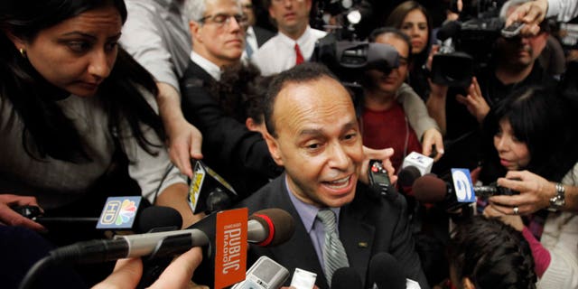 U.S. Rep. Luis Gutierrez, D-Ill., addresses a crowd where he announced he would not run for mayor of Chicago during an event on the University of Illinois-Chicago campus Thursday, Oct. 14, 2010 in Chicago. (AP Photo/Charles Rex Arbogast)