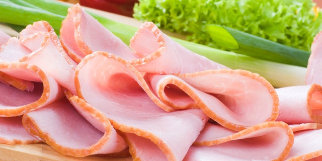 Detail view of slices of pink smoked ham