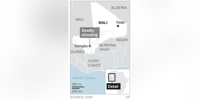 Map locates Bamako, Mali; 1c x 3 inches; 46.5 mm x 76 mm;