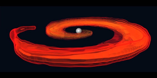 An artist's depiction of a neutron star and a black hole colliding.