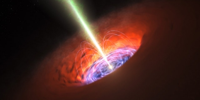 An artist's impression of the material falling into a black hole and the resulting jet it produced.