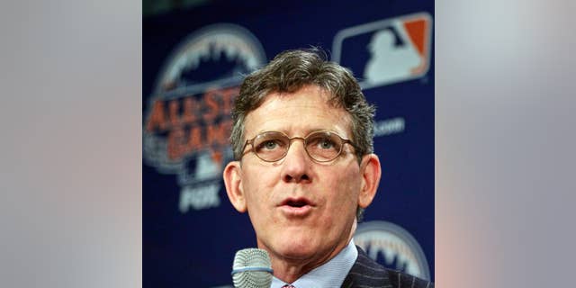 FILE - In this April 24, 2013, file photo, Major League Baseball Executive Vice President Tim Brosnan speaks during a news conference in New York. Brosnan will leave at the end of January. Brosnan was one of three candidates in August to become baseball's next commissioner, but he withdrew just before the start of balloting when it became apparent he likely had just one vote. Brosnan thanks outgoing Commissioner Bud Selig and MLB owners in a release from the league Wednesday, Dec. 3, 2014. (AP Photo/Bebeto Matthews, File)