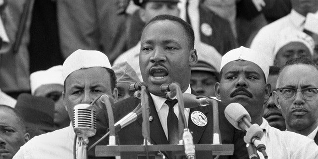 In this Aug. 28, 1963 photo, Dr. Martin Luther King Jr., head of the Southern Christian Leadership Conference, addressed marchers during his 'I Have a Dream' speech at the Lincoln Memorial in Washington, D.C.