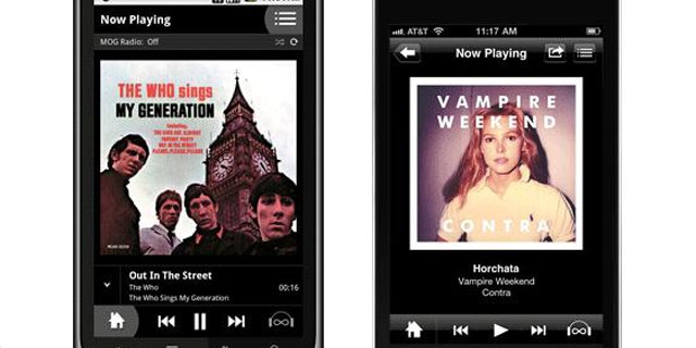 Music on demand service MOG -- seen here playing on a smartphone -- announced Tuesday that it was partnering with several companies to supply on demand, in-car entertainment.