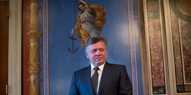 Jordan's King Abdullah is seen waiting before his meeting with Senate Appropriations members in the Capitol Building in Washington, Tuesday, Feb. 3, 2015.  (AP Photo/Pablo Martinez Monsivais)