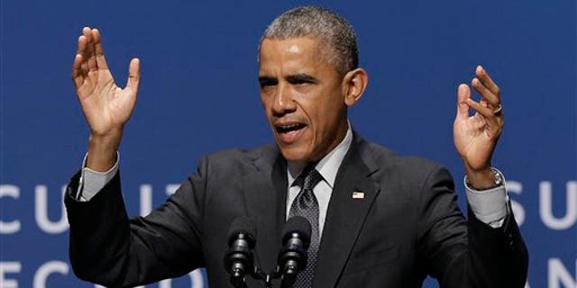 President Barack Obama speaks at the White House Summit on Cybersecurity and Consumer Protection in Stanford, Calif., Friday, Feb. 13, 2015. (AP Photo/Jeff Chiu)