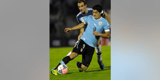 El jugador de la selección de Uruguay, Luis Suárez, al frente, disputa un balón en un amistoso contra Argentina el 15 de octubre de 2013 en Montevideo, Uruguay.(AP Photo/Matilde Campodonico,File) - SEE FURTHER WORLD CUP CONTENT AT APIMAGES.COM