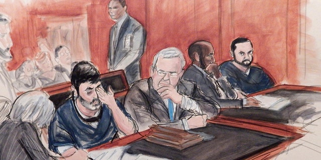 Efrain Antonio Campo Flores and his cousin Franqui Francisco Flores De Freitas, in a courtroom sketch.