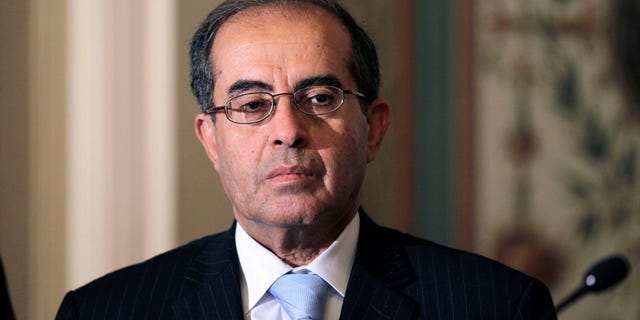 Mahmoud Jibril, representative for foreign affairs with the Libyan Transitional National Council, a political group opposed to the regime of Moammar Gadhafi, listens during a news conference in Washington, Wednesday, May 11. 2011.