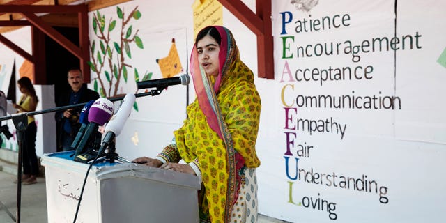 July 12, 2015 - Nobel Peace Prize winner Malala Yousafzai speaks during her visit to Bekaa Valley, east Lebanon. Yousafzai urged wealthy countries do more to help desperate Syrian war refugees, calling them "quite stingy."