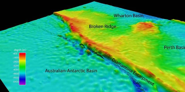 This undated graphic provided by Commonwealth of Australia (Geoscience Australia) Dr. Robin Beaman, James Cook University, shows the North-westerly view of the search area for the missing Malaysian Airlines Flight 370 at Broken Ridge, south-eastern Indian Ocean, which shows the Diamantina Escarpment dropping from about 800 meters to over 5000 meters in depth. Two miles under the sea where satellites and planes are looking for debris from the missing Malaysian jet, the ocean floor is cold, dark, covered in a squishy muck of dead plankton and - in a potential break for the search - mostly flat. The troubling exception is a steep, rocky drop ending in a deep trench. The sea floor in this swath of the Indian Ocean is dominated by a substantial underwater plateau known as Broken Ridge, where the geography would probably not hinder efforts to find the main body of the jet that disappeared with 239 people on board three weeks ago, according to seabed experts who have studied the area. (AP Photo/Commonwealth of Australia (Geoscience Australia) Dr Robin Beaman, James Cook University)
