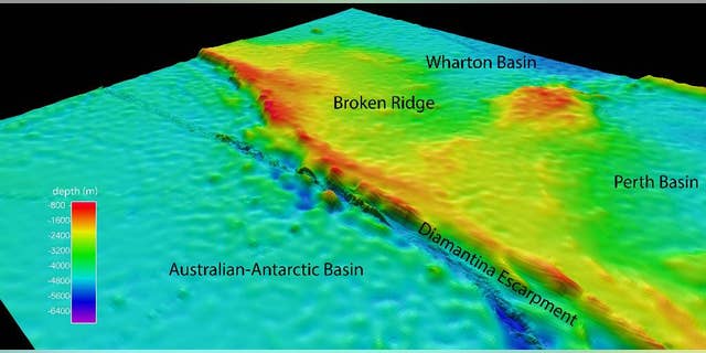 This undated graphic provided by Commonwealth of Australia (Geoscience Australia) Dr. Robin Beaman, James Cook University, shows the North-westerly view of the search area for the missing Malaysian Airlines Flight 370 at Broken Ridge, south-eastern Indian Ocean, which shows the Diamantina Escarpment dropping from about 800 meters to over 5000 meters in depth. Two miles under the sea where satellites and planes are looking for debris from the missing Malaysian jet, the ocean floor is cold, dark, covered in a squishy muck of dead plankton and - in a potential break for the search - mostly flat. The troubling exception is a steep, rocky drop ending in a deep trench. The sea floor in this swath of the Indian Ocean is dominated by a substantial underwater plateau known as Broken Ridge, where the geography would probably not hinder efforts to find the main body of the jet that disappeared with 239 people on board three weeks ago, according to seabed experts who have studied the area. (AP Photo/Commonwealth of Australia (Geoscience Australia) Dr Robin Beaman, James Cook University)