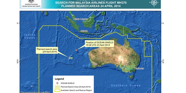 In this map provided on Thursday, April 24, 2014, by the Joint Agency Coordination Centre, details are presented in the search for the missing Malaysia Airlines Flight 370 in the southern Indian Ocean.