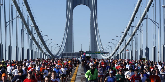 Runners cross the Verrazano-Narrows Bridge during the New York Marathon in 2010.