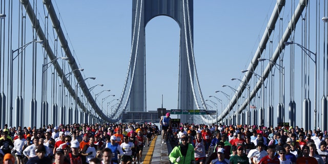 Runners cross the Verrazano-Narrows Bridge during the New York Marathon in 2010.