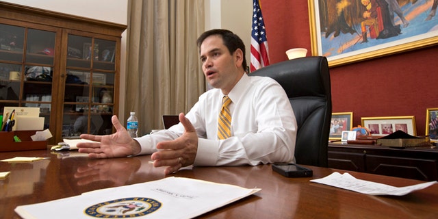 In this Feb. 7, 2013 photo, Sen. Marco Rubio, R-Fla., speaks with The Associated Press in his Capitol Hill office in Washington. In the nearly 100 days since President Barack Obama won a second term, the Florida senator has taken calculated, concrete steps to emerge as a next generation leader of a rudderless party and put a 21st Century stamp on the conservative movement. (AP Photo/J. Scott Applewhite)